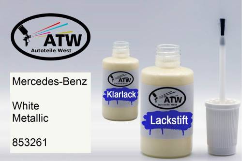 Mercedes-Benz, White Metallic, 853261: 20ml Lackstift + 20ml Klarlack - Set, von ATW Autoteile West.